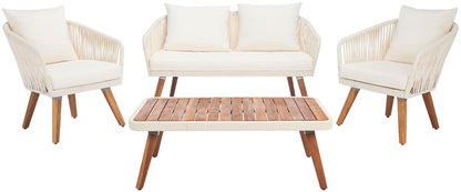 SAFAVIEH Outdoor Collection Ransin Beige/Beige/Natural Solid Wood 4-Piece Conversation Patio Set