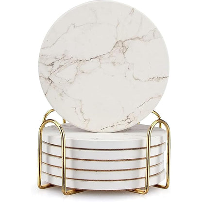 6 Pack White Marble Coaster Set with Holder Absorbent Drink Coasters Ceramic Cute Coaster Bar Dining Coffee Table Accessories Decor Gift Funny Cup Stone Modern Costers Cool Desk Beer Cork Coasters