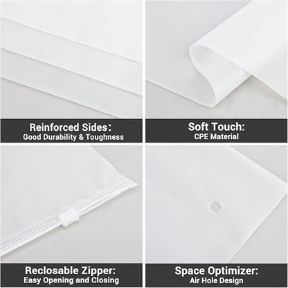 Svaldo Clothing Bags, 50 Count 20x28 inch Jumbo Extra Large Frosted Zipper Plastic Bags for Clothes, Sweater Dress, Backpack, Blanket, T Shirt Packaging Shipping, 3 Mil, with Vent Holes