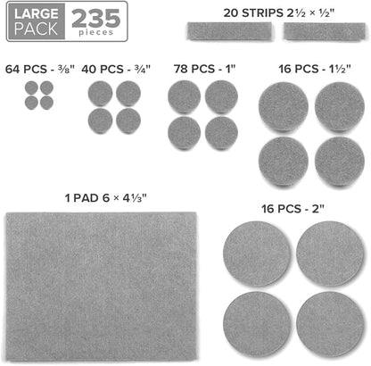 235 pcs Grey Felt Furniture Pads X-Protector! Huge Quantity of Furniture Pads for Hardwood Floors with Many Big Sizes – Your Ideal Wood Floor Protectors for Furniture. Protect Any Type of Hard Floor!