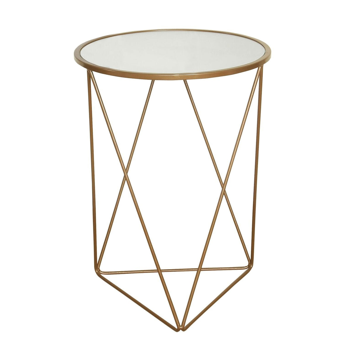Metal Accent Table Triangle Base Round Mirror Top, Gold
