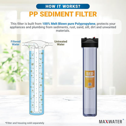 Max Water 5 Micron 20 x 2.5 Sediment Water Filter Cartridge Replacement Polypropylene Cartridge for Whole House Water Filtration/Water Softener Systems - 6 Pack