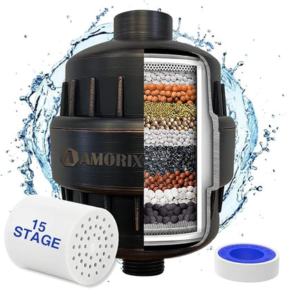 Oil-Rubbed Bronze Shower Head Filter - 15 Stages for Hard Water, High Output, Reduces Dry Skin & Itchy Scalp - Improves Skin Condition
