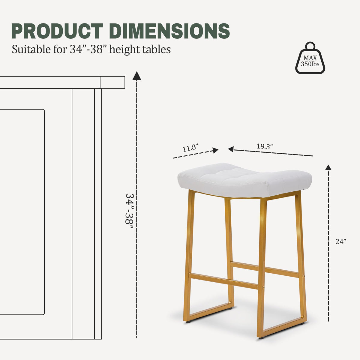 White & Gold Counter Height Bar Stools Set of 2 for Kitchen Counter Backless Kitchen Island Barstools with Upholstered Faux Leather Seat and Gold Base Modern 24 inch Bar Chairs No Back