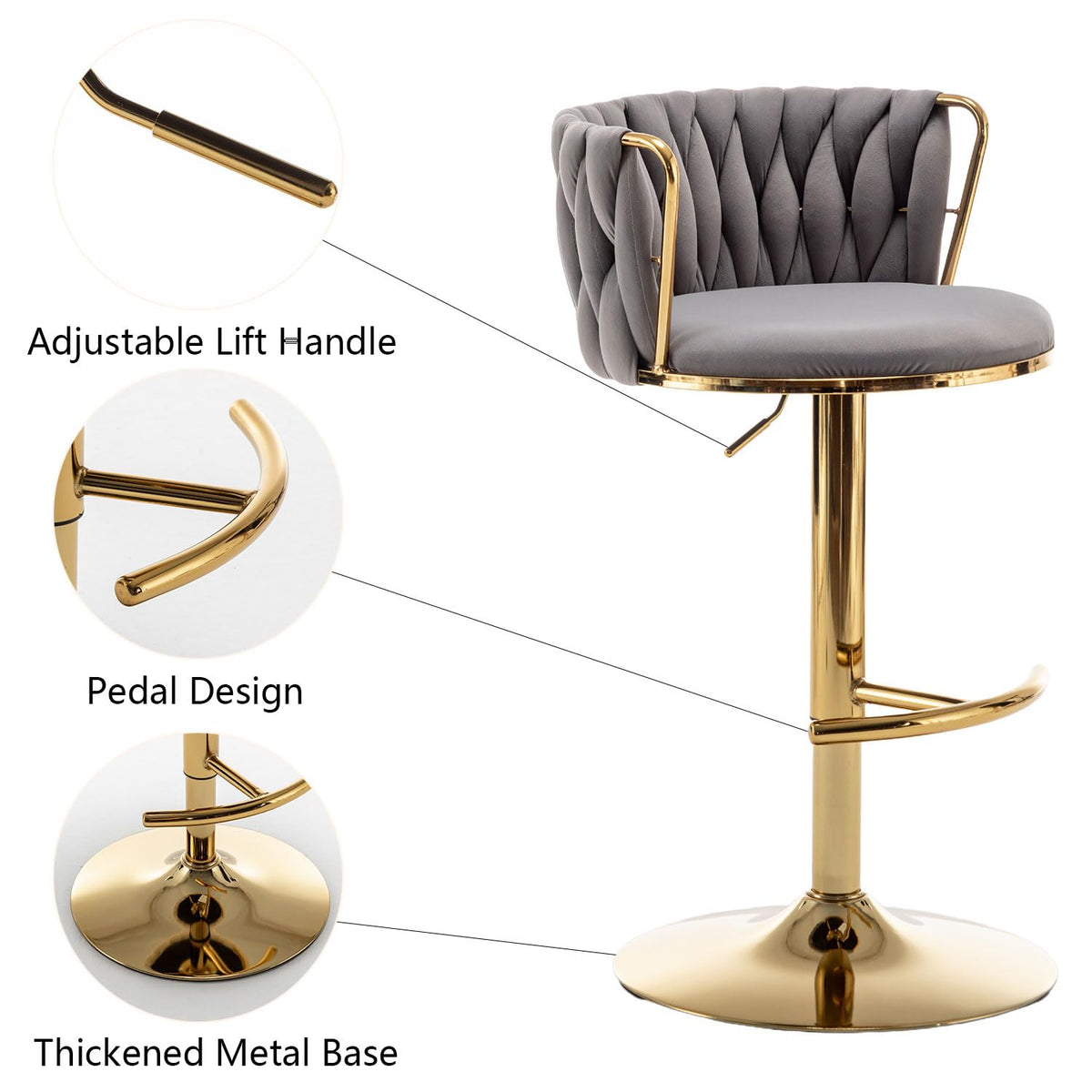 Gold Velvet Bar Stools Set of 4, Swivel Counter Height Bar Stools with Back, Adjustable Woven Barstools for Kitchen Island, Pub, Club (Grey)