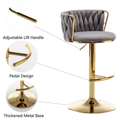 Gold Velvet Bar Stools Set of 4, Swivel Counter Height Bar Stools with Back, Adjustable Woven Barstools for Kitchen Island, Pub, Club (Grey)