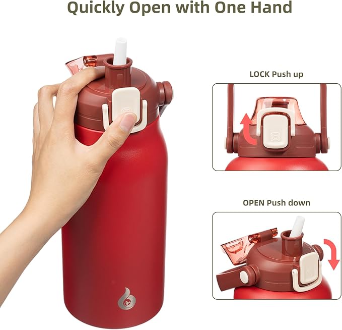 BJPKPK Insulated Water Bottles with Straw, 35 oz Stainless Steel Metal Water Bottle with One-handed Opening Lid, BPA Free Sport Jugs, Flasks for Men & Women, Red