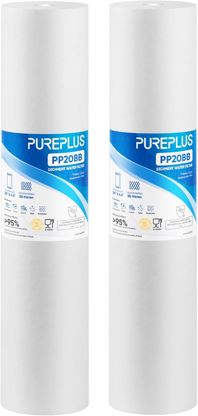 PUREPLUS 20 Micron 20" x 4.5" Whole House Sediment Home Water Filter Replacement Cartridge, Compatible with DGD-5005-20, AP810-2, P5-20BB, FP25B, FPMB5-20, 155358-43, SDC-45-2005, 2 Pack