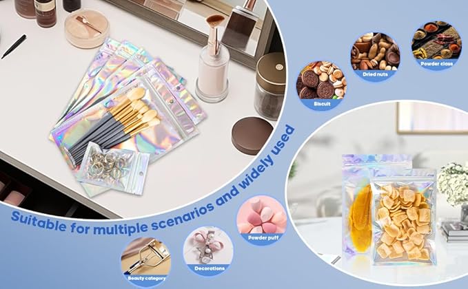 100pcs Holographic Bags,5.5x7.8 inch Resealable Zipper bags for small business, Smell Proof Foil Bags for food storage, Candy, Eyebrow pencil, Small accessories..MOTOMY