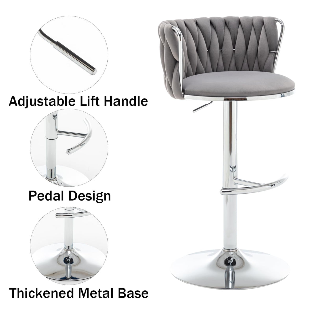 Velvet Bar Stools Set of 2, Swivel Counter Height Bar Stools with Back, Adjustable Woven Barstools for Kitchen Island, Pub, Club (Grey)