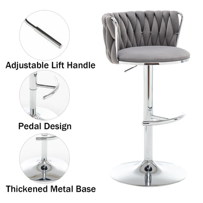 Velvet Bar Stools Set of 2, Swivel Counter Height Bar Stools with Back, Adjustable Woven Barstools for Kitchen Island, Pub, Club (Grey)