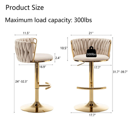 Gold Velvet Bar Stools Set of 6, Swivel Counter Height Bar Stools with Back, Adjustable Woven Barstools for Kitchen Island, Pub, Club (Beige)