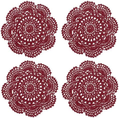uxcell 4 Pcs Crochet Handmade Placemat Doilies for Table 7.9" Burgundy