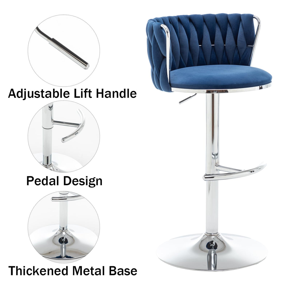 Velvet Bar Stools Set of 2, Swivel Counter Height Bar Stools with Back, Adjustable Woven Barstools for Kitchen Island, Pub, Club (Blue)
