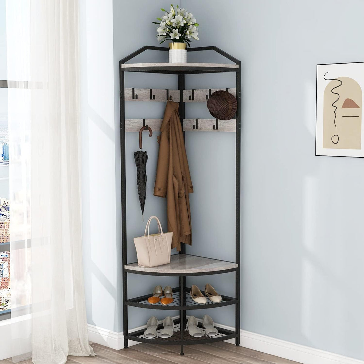 Grey Corner Hall Tree with Shoe Bench Entryway Coat Rack with 10 Metal Movable Hooks Rustic Farmhouse Floorstanding Clothes Rack Shoes Shelf Organizer for Home Office Bedroom (Greige)