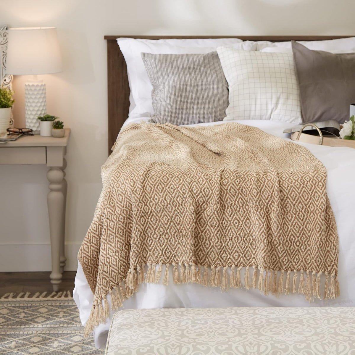 Rustic Farmhouse Double Diamond Woven Throw, 50X60, Stone