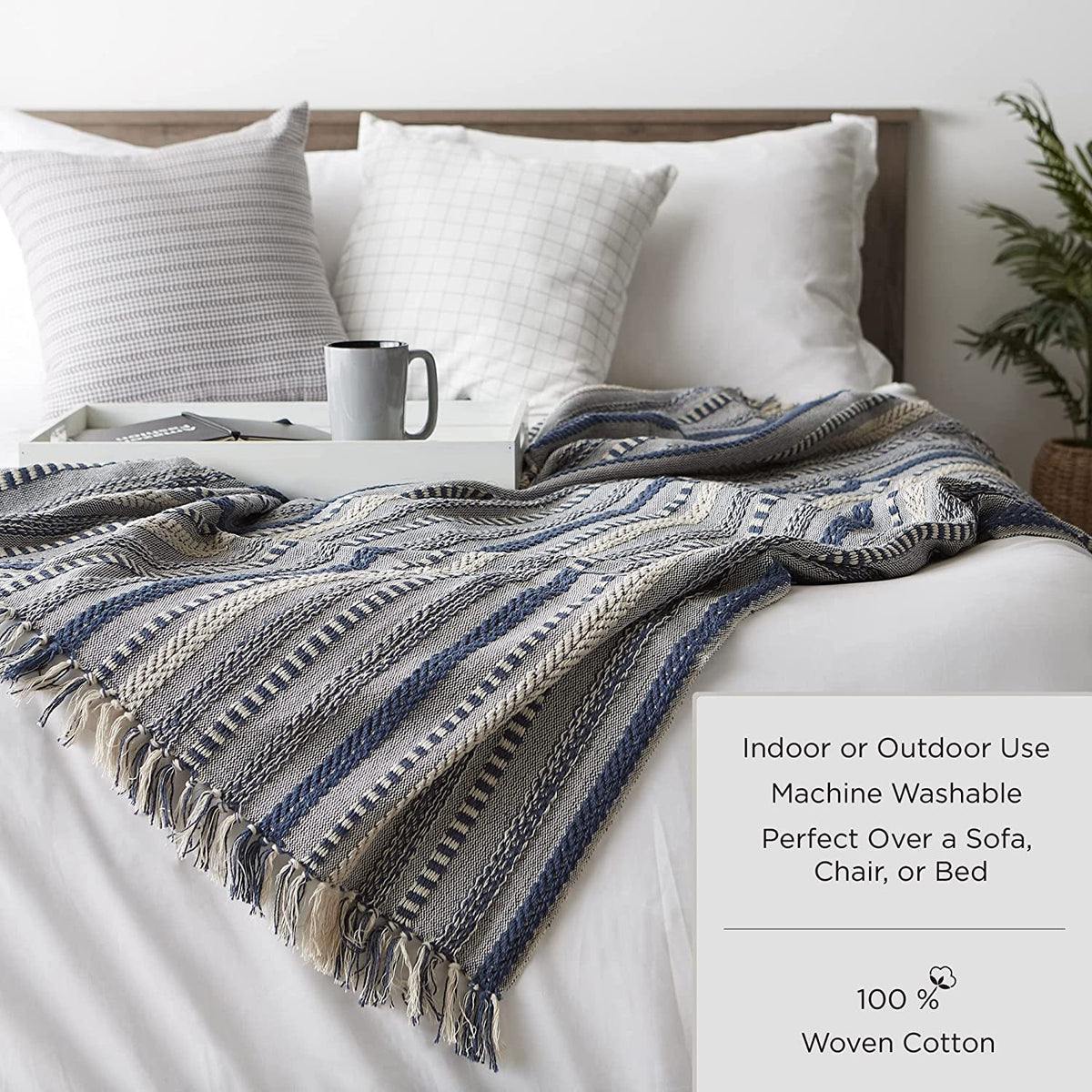 Rustic Farmhouse Double Diamond Woven Throw, 50X60, Stone