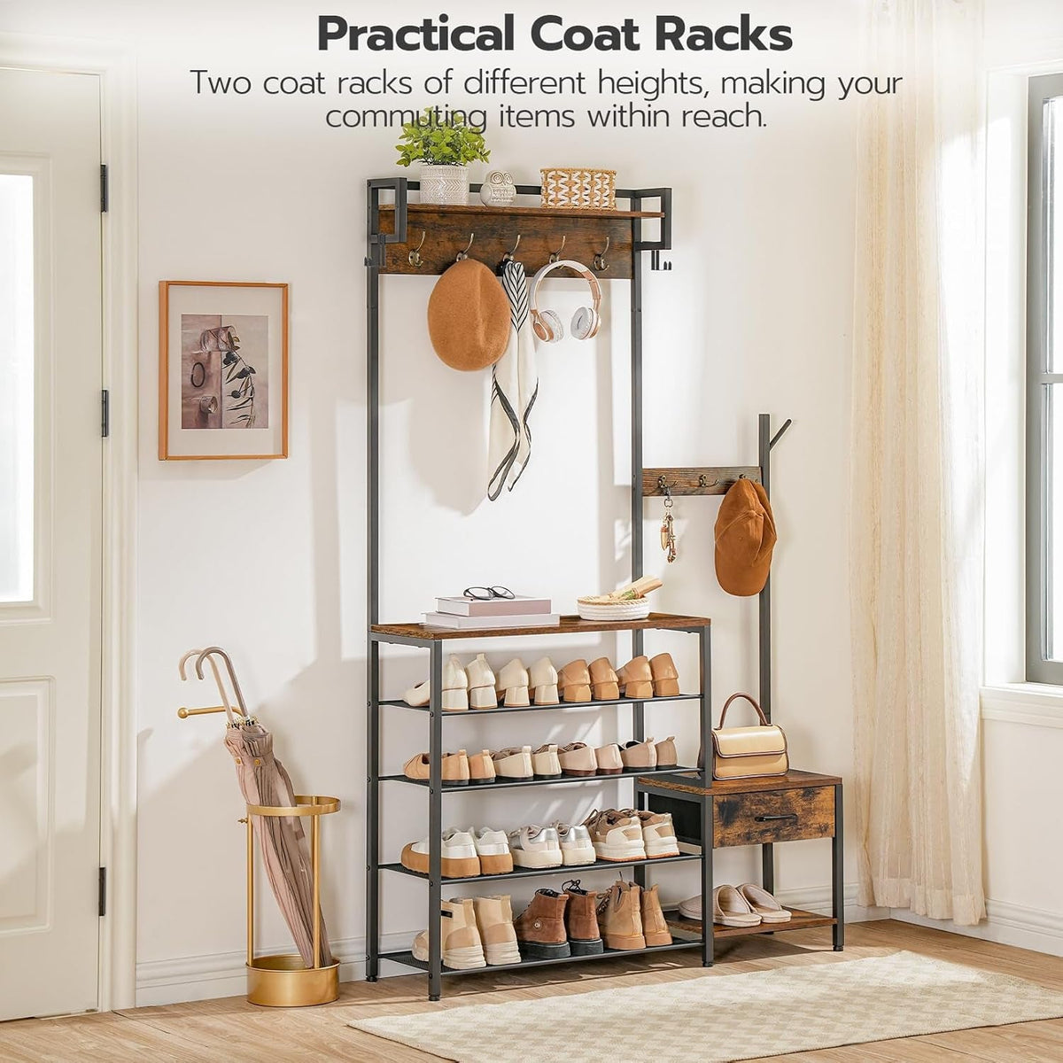 Hall Tree with Shoe Bench, Drawer and Coat Hooks, Rustic Brown