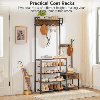 Hall Tree with Shoe Bench, Drawer and Coat Hooks, Rustic Brown