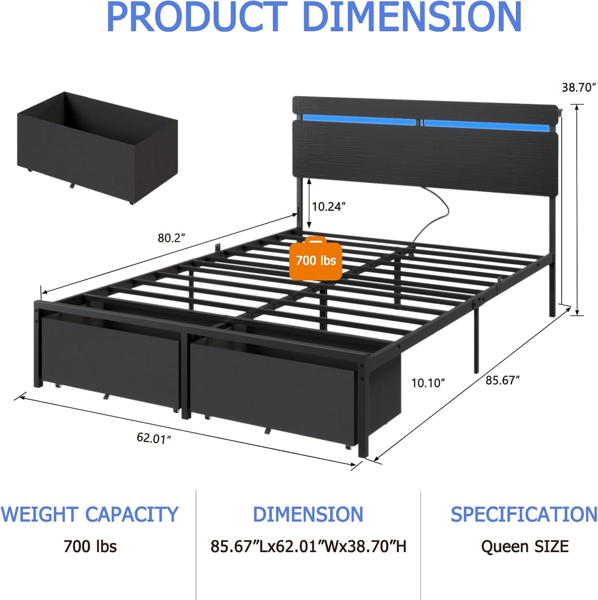 Queen Bed Frame with Wood Headboard, Black Platform Bed with 2 Storage Drawers & Shelf, Built-In Charging Station & LED Lights, Metal Support, No Box Spring Needed, Cama Queen Size