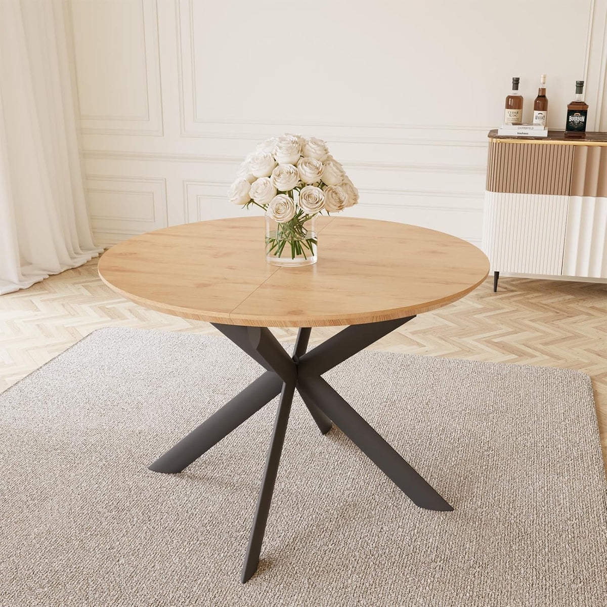 43.2"-59.1" Extendable round Dining Table Set, round Table for 4-6 Person with Scratch-Resistant Thickened MDF Board, Oak Coffee Table W/Metal Legs