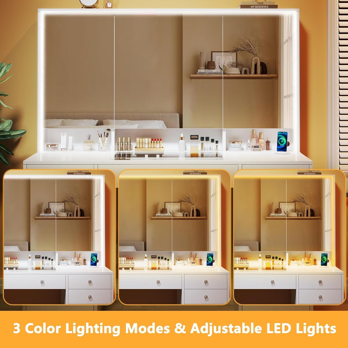 Vanity Desk with Mirror and Lights, 50" Makeup Vanity with Glass Top & Power Outlet, White Vanity with 11 Drawers & 8 Hidden Storage Shelves, 3 LED Lighting Modes Adjustable for Bedroom