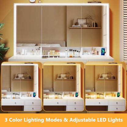 Vanity Desk with Mirror and Lights, 50" Makeup Vanity with Glass Top & Power Outlet, White Vanity with 11 Drawers & 8 Hidden Storage Shelves, 3 LED Lighting Modes Adjustable for Bedroom