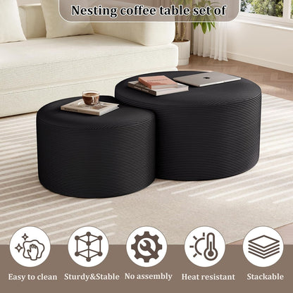 Nesting Coffee Table Set of 2, Upholstered round Corduroy Circle Foam round Side Table for Living Room, Entryway Set, 32"+17" Footrest No Assembly (Black, 32"+17")