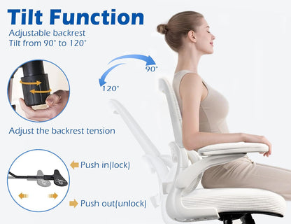 Ergonomic Office Chair - Desk Chair with Adjustable Lumbar Support Computer Chair - Mesh Comfy Chair with Flip-Up Armrests - Gaming Chairs for Adults Home Office (Leather, White)