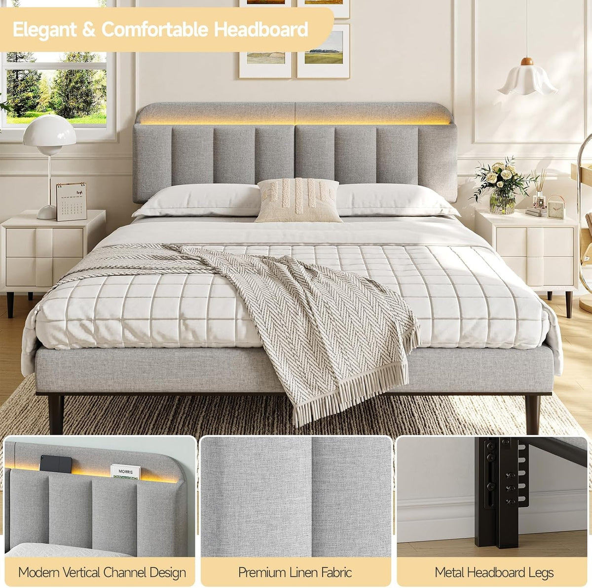 Adjustable Headboard for King/California King Size Bed Frame, Linen Fabric Bed Headboard with Storage & RGB LED Light in Modern Vertical Channel Design, Light Grey