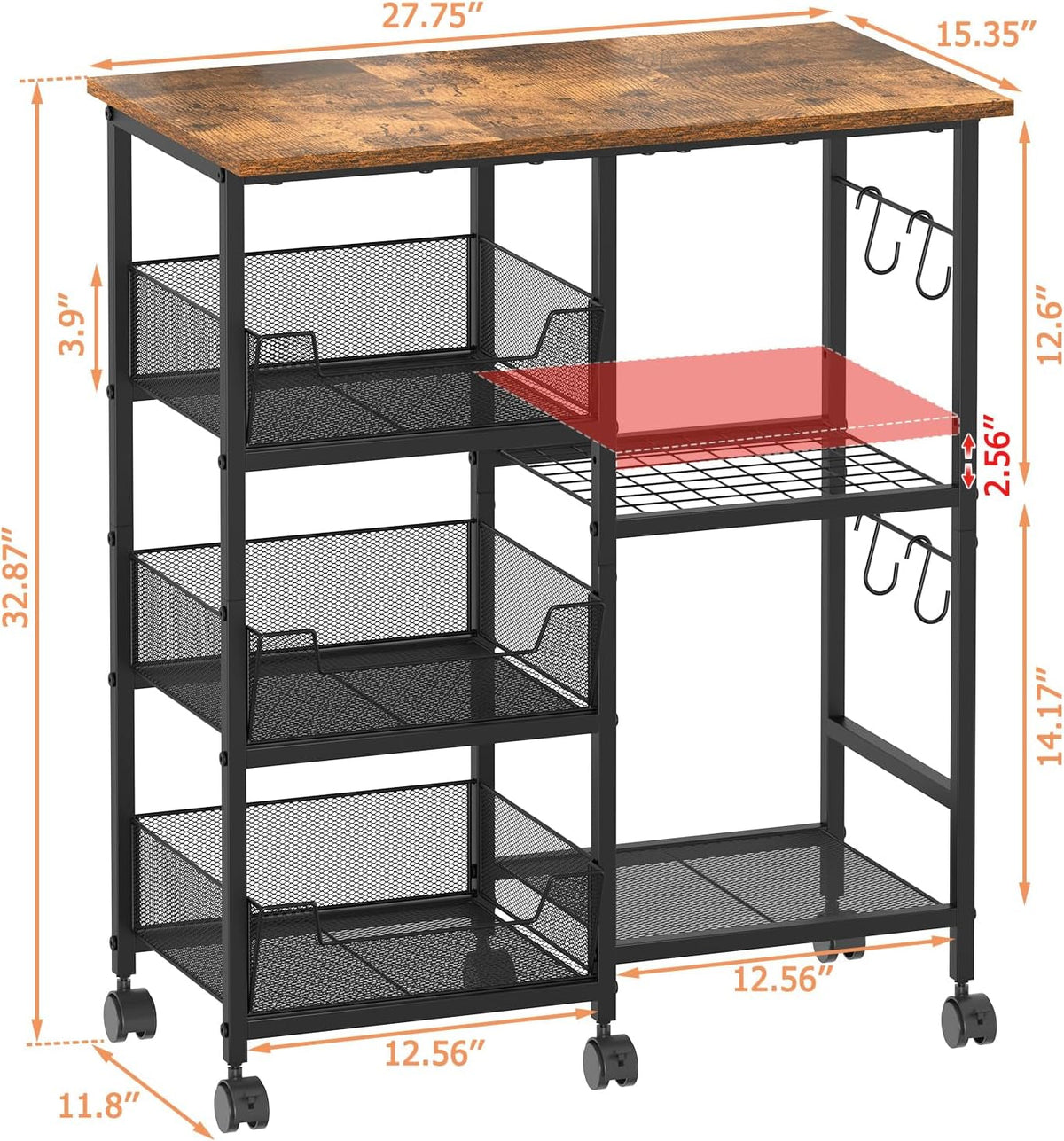 Rolling Kitchen Storage Microwave Cart, Kitchen Island with Adjustable Shelf on Lockable Wheels, Countertop 27.75"L × 15.35"W, Bakers Rack with Tilt-Out Baskets, for Kitchen, Coffee Bar, Living Room