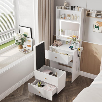 Make up Vanity Desk with Mirror and Lights, White Vanity Table Set with Charger Station,Girls Small Vanity and Storage Chair