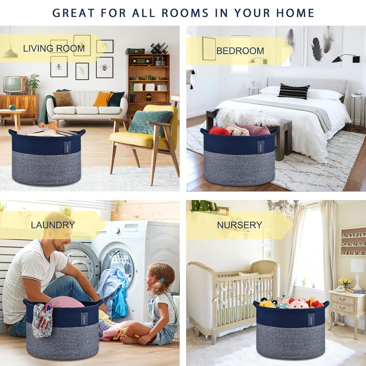 Extra Large Blanket Basket, Woven Laundry Basket, 21.7”X 13.8”, Nursery Hamper, Cotton Rope Laundry Hamper Living Room for Storage Toys Clothes Towels (Navy Blue)