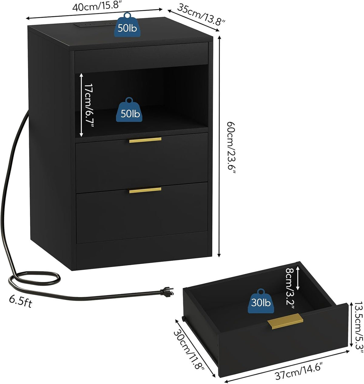Night Stand, Bedside Table, LED Nightstand with Charging Station, Modern Night Stand, Wood Sofa Couch End Side Table with 2 Pull-Out Shelf (Black)