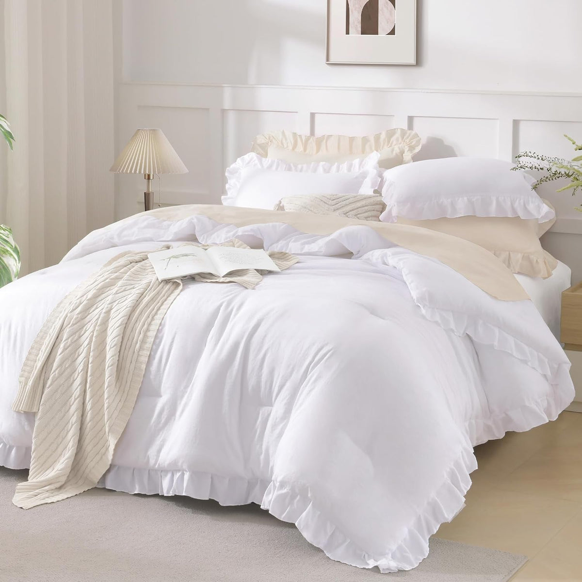 Comforter Full Size Set White, 3 Pieces Ruffle Farmhouse Shabby Chic Gift Full Comforter Set, Soft Lightweight Fluffy All Season Room Decor Bed Set for Girls Women Teens Daughter
