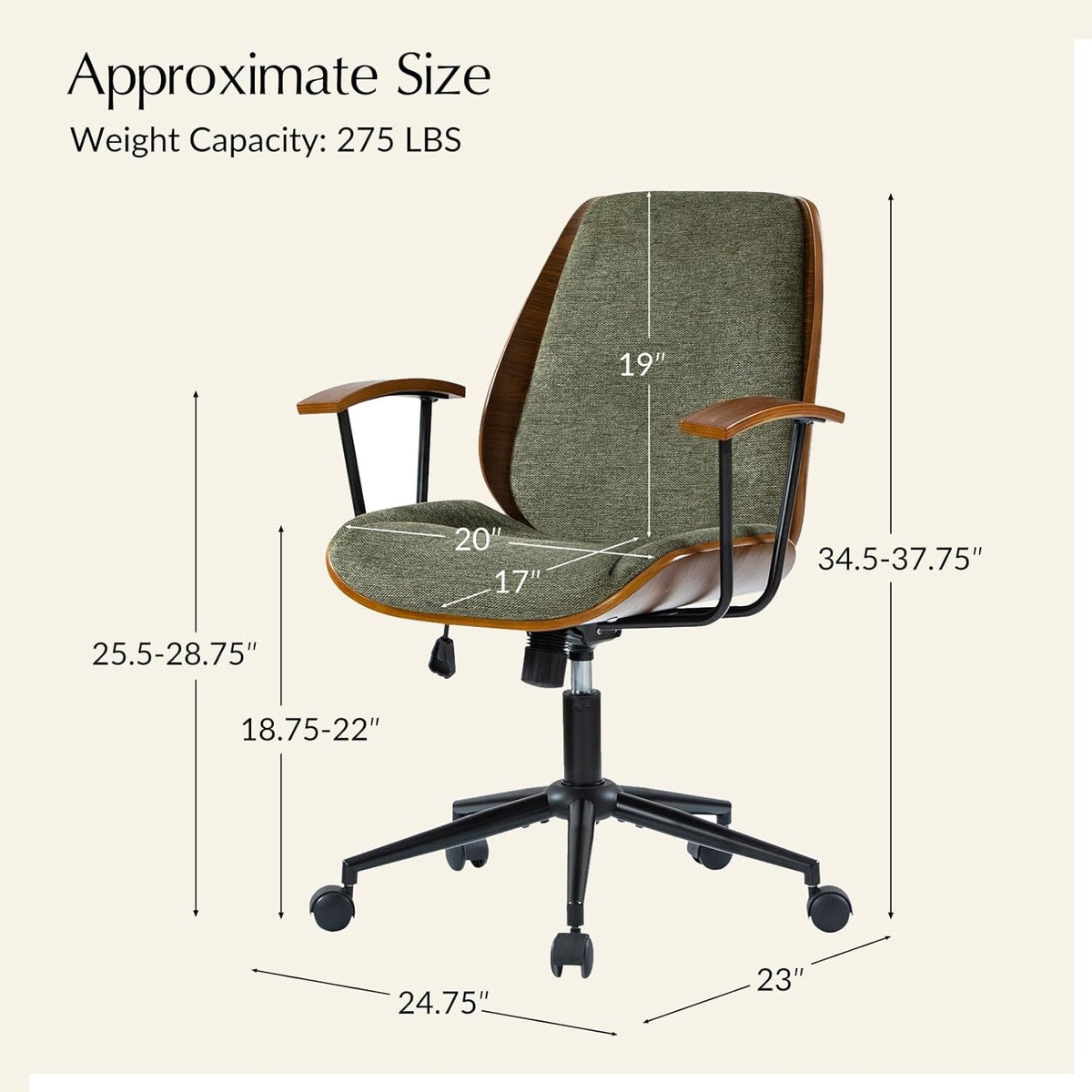 Solid Wood Office Chair with Rocking Function, Comfy Fabric Desk Chair with Bent Wood and Metal Base, Height Adjustable Swivel Computer Task Chair, Green