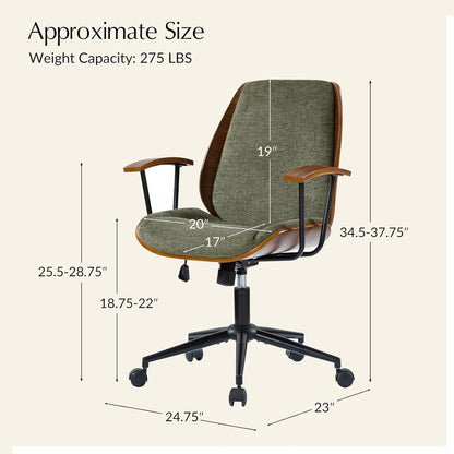 Solid Wood Office Chair with Rocking Function, Comfy Fabric Desk Chair with Bent Wood and Metal Base, Height Adjustable Swivel Computer Task Chair, Green