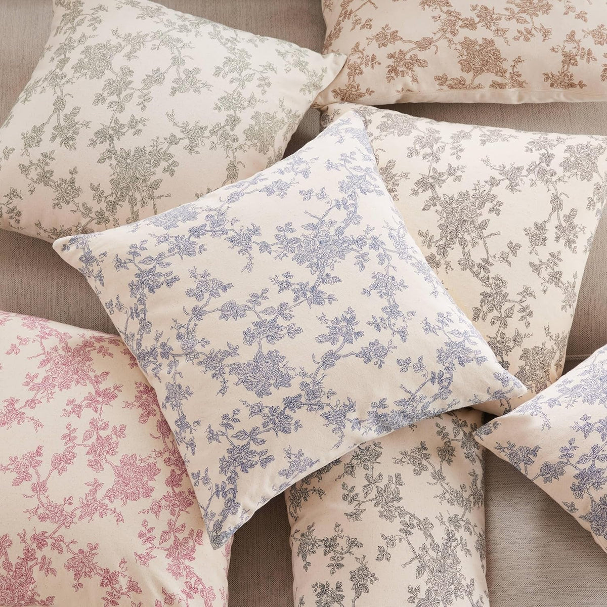100% Cotton French Pastoral Throw Pillow Covers Set of 2, 18X18 Inch Blue Farmhouse Decorative Cushion Covers for Sofa Bed Living Room Home Decor