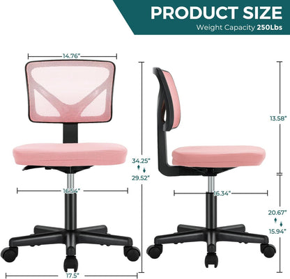 Armless Desk Chairs with Wheels, Ergonomic Adjustable Home Office Swivel Rolling Task Chair No Arms, Comfy Mesh Mid Back Computer Work Vanity Desk Seat for Small Spaces, Green