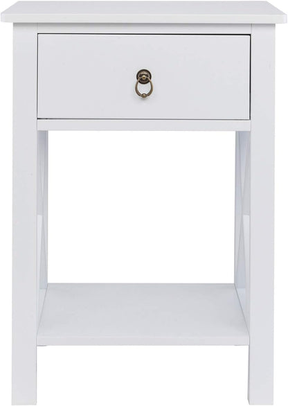 Farmhouse Nightstand Set of 2 with Drawer and Shelf, White