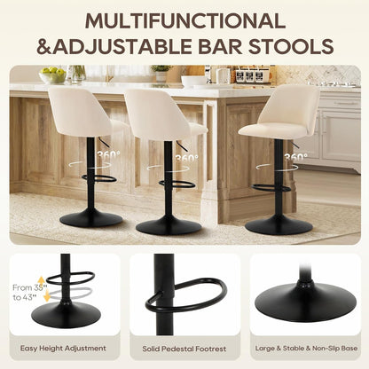 Bar Stools Set of 3, Modern Swivel Bar Chairs, Adjustable Upholstered Barstools Counter Height with Full Backrest for Bar, Dining Room, Kitchen Island, Beige
