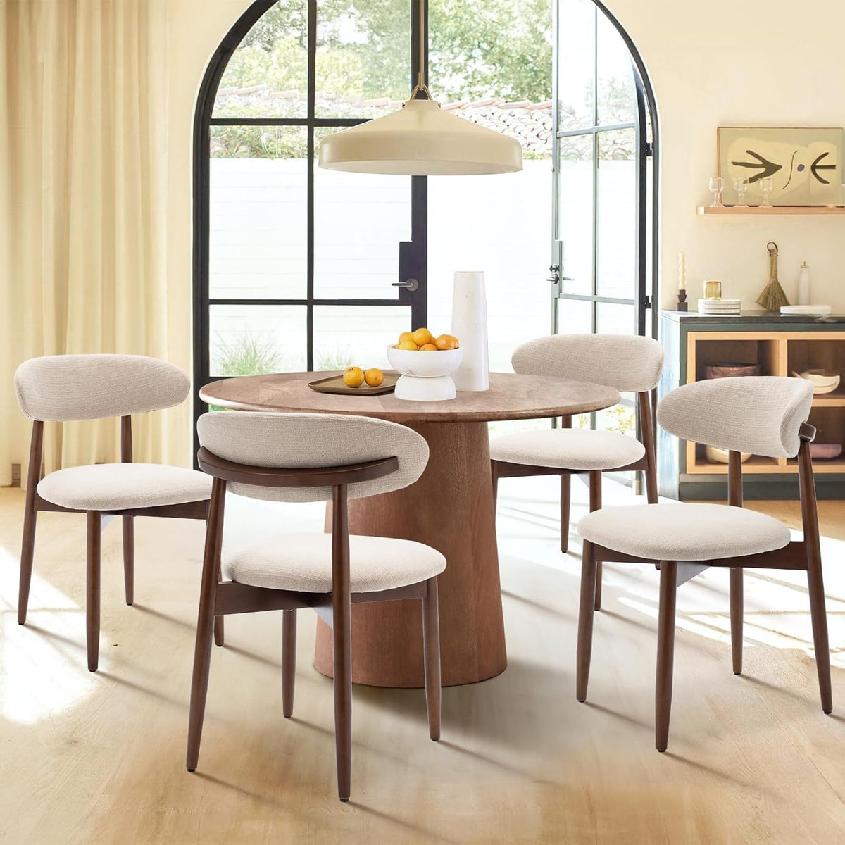 Wooden Dining Chairs Set of 4, Modern Fabric Upholstered Kitchen Side Chairs, Farmhouse Dining Room Chair with Foot Pegs, Beige