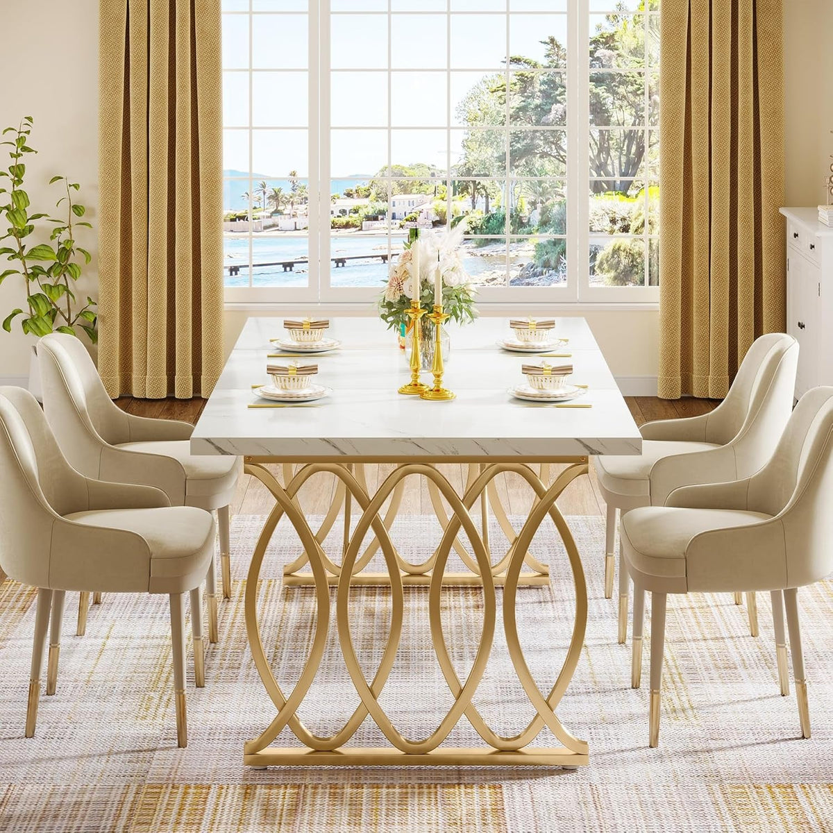 63-Inch Faux Marble Dining Table with Gold Geometric Legs