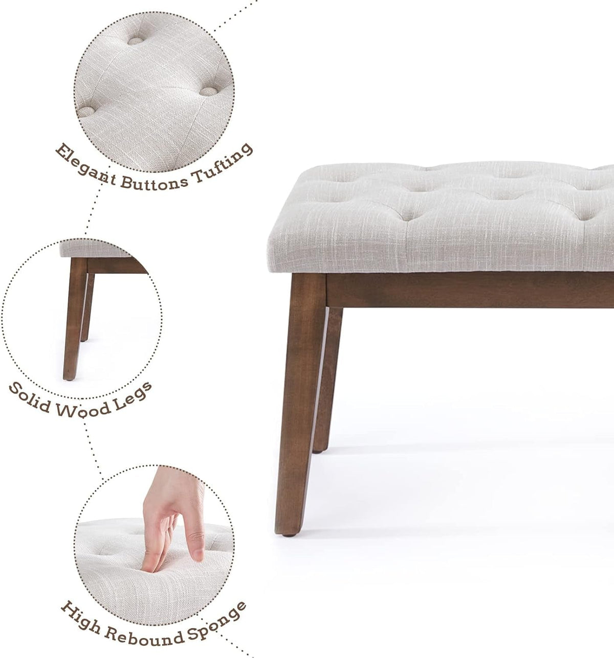 Bedroom Bench for End of Bed, Upholstered Dining Seat for Kitchen, Button-Tufted Ottoman Bench for Entryway and Living Room, Beige