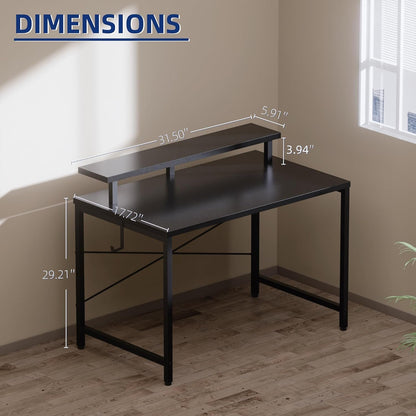 32 Inch Small Computer Desk with Monitor Stand, Simple Office Desk with Headphone Hook for Small Spaces, Kids Study Writing Table for Bedroom, White