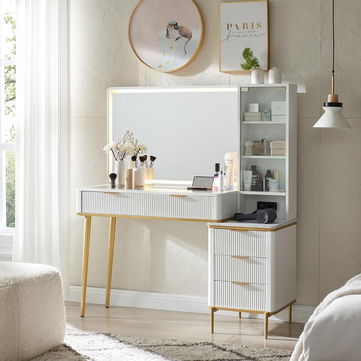 Fluted Makeup Vanity Desk with 36" HD Lighted Mirror, 48" Big Modern Vanity Desk with Mirror and Lights, Dressing Table with 5 Drawers & Shelves, Glass Top for Bedroom (Off White)