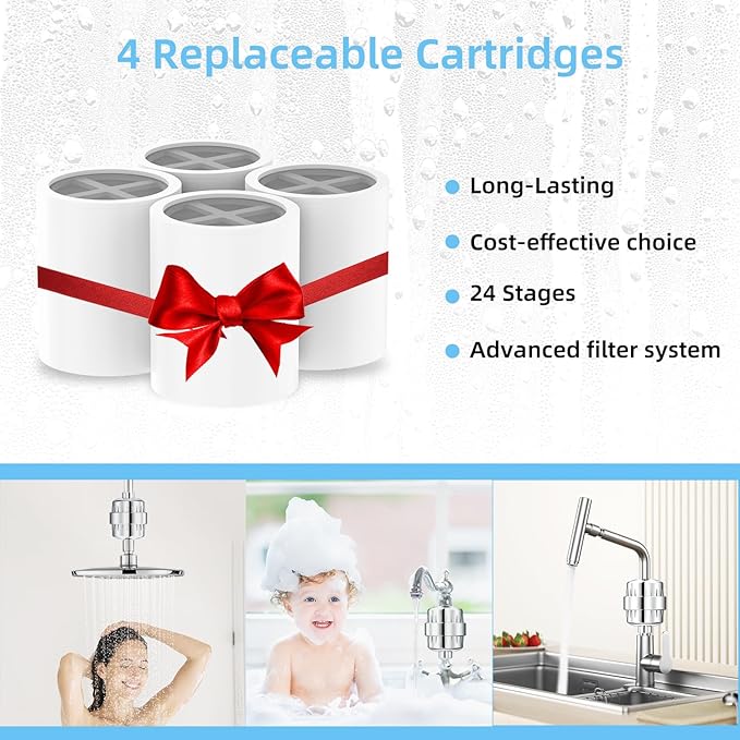 Shower Head Filter for Hard Water - 24 Stage Shower Filter Shower Water Filter with 4 Replaceable Filter Cartridges Protects Your Skin and Hair from Chlorine and Heavy Metals in Water, Chrome