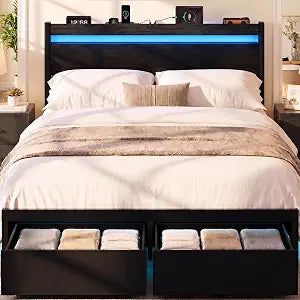 Queen Bed Frame with Drawers, Platform Bed with LED Lights & Charging Station, Wood Headboard, Strong Metal Slats Support, No Box Spring Needed, Noise Free, Easy Assembly