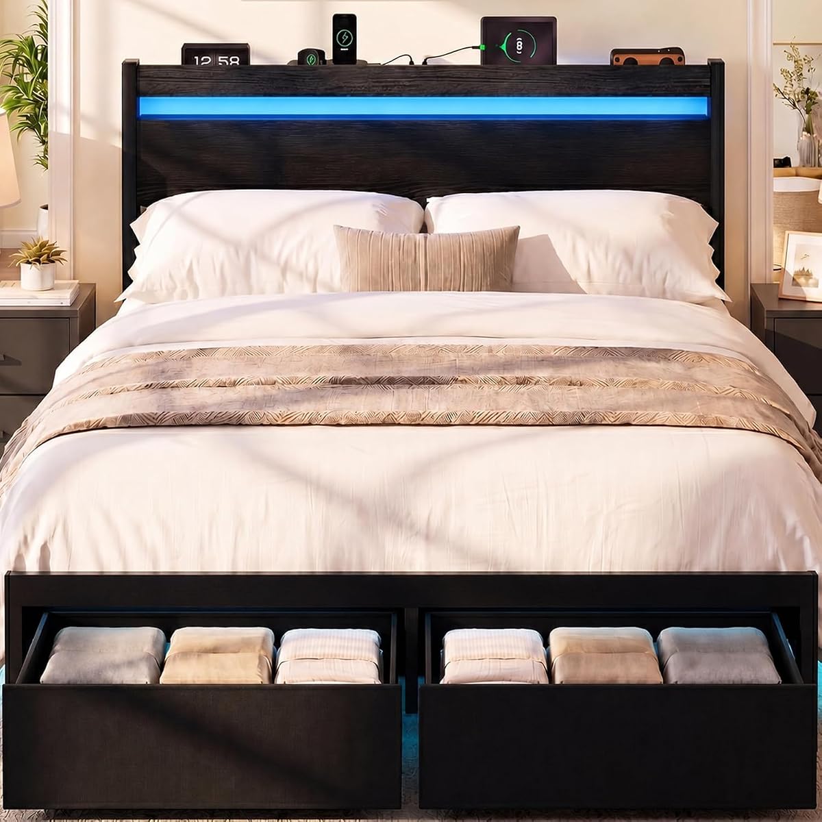 Queen Bed Frame with Drawers, Platform Bed with LED Lights & Charging Station, Wood Headboard, Strong Metal Slats Support, No Box Spring Needed, Noise Free, Easy Assembly