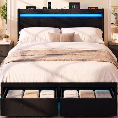 Queen Bed Frame with Drawers, Platform Bed with LED Lights & Charging Station, Wood Headboard, Strong Metal Slats Support, No Box Spring Needed, Noise Free, Easy Assembly